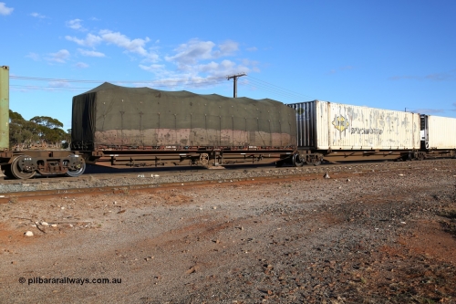 160528 8359
Parkeston, 5SP5 intermodal train, PRXY 5004 originally owned by FCL, five PRXY type articulated five pack container waggon sets with 48' decks were built by Qiqihar Rollingstock Works in China in 2005, with a 40' flatrack COR 43 with a tarped load.
Keywords: PRXY-type;PRXY5004;Qiqihar-Rollingstock-Works-China;