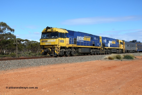 160528 8383
Binduli, intermodal train 6PM6 runs through behind Goninan built GE model Cv40-9i NR class units NR 98 serial 7250-07/97-299 and NR 30 serial 7250-05/97/232, originally built for National Rail now in current owner Pacific National livery.
Keywords: NR-class;NR98;Goninan;GE;Cv40-9i;7250-07/97-299;