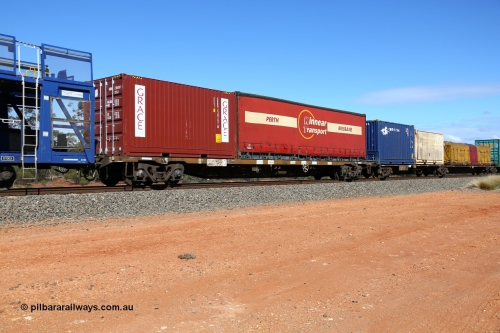 160528 8391
Binduli, intermodal train 6PM6, RQGY 34440 container waggon, built by Tulloch Ltd NSW as type OCY in 1974/75, with Grace 20' box GRRU 230787 and Kinnear Transport 40' curtainsider.
Keywords: RQGY-type;RQGY34440;Tulloch-Ltd-NSW;OCY-type;NQOY-type;