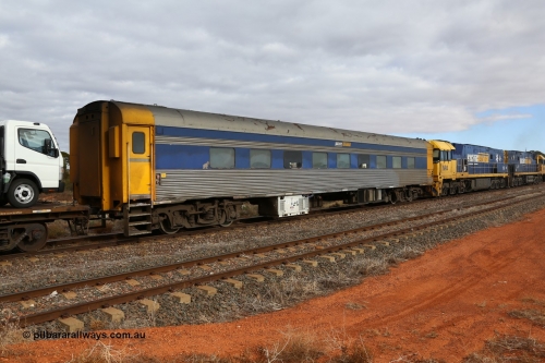 160529 8763
Parkeston, 6MP4 intermodal train with crew accommodation coach RZEY 4, built by South Australian Railways Islington Workshops as Purpawi in 1955 for use on The Overland, coded JRA 4, to West Coast Railway, converted to RZEY by Bluebird Rail Operations 2007.
Keywords: RZEY-type;RZEY4;SAR-Islington-WS;JRA-type;JRA4;Purpawi;