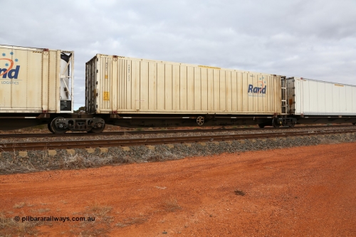 160529 8775
Parkeston, 6MP4 intermodal train, RRQY 7324 platform 3 of 5-pack articulated skel waggon set built by Qiqihar Rollingstock Works China in 2005 in a batch of twenty nine for Pacific National with a Rand Refrigerated Logistics 46' 6