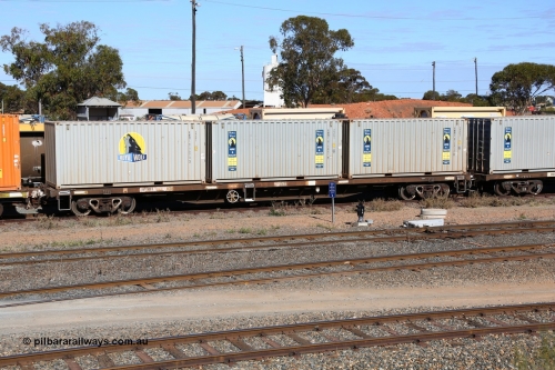 160531 9876
West Kalgoorlie, container waggon RQTY 508 originally built by Victorian Railways Newport Workshops between 1969-72 as part of a batch of two hundred FQX type container waggons, recoded to FQF type in Nov 1977, back to FQX July 1978, to VQCX in May 1979, to VQCY June 1980, then c1985 back to VQCX, and April 1994 to National Rail as RQCX, Mar 1995 to RQCY. Loaded with three 22G1 type 20' Royal Wolf boxes, RWMC 817974, RWMC 815847 and RWMC 815912. 31st of May 2016.
Keywords: RQTY-type;RQTY508;Victorian-Railways-Newport-WS;FQX-type;