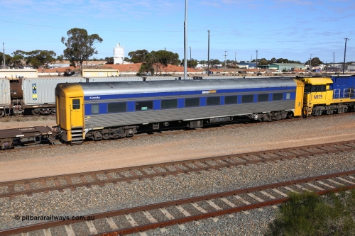 160531 9894
West Kalgoorlie, 1MP2 steel train crew accommodation coach RZDY 100 'MOPOKE', started life as a Bluebird railcar driving trailer built by South Australian Railways Islington Workshops in 1955 as Mopoke. In 1986 coded 100, then to 107, in 2001 renumbered 100 and named 'Cabernet'. Converted to crew car for Pacific National as RZDY in 2006 at Islington workshops.
Keywords: RZDY-type;RZDY100;SAR-Islington-WS;Bluebird;Mopoke;Cabernet;