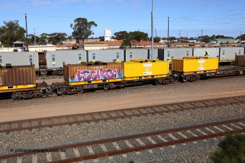 160531 9910
West Kalgoorlie, 1MP2 steel train, container waggon PRRY 5012 with two 20' steel coil 'butter boxes'.
Keywords: PRRY-type;PRRY5012;