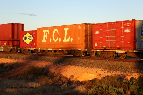 160601 10095
West Kalgoorlie, 2MP5 intermodal train, RQGY 34488 container waggon, one of a hundred built by Tulloch Ltd NSW as OCY type in 1974/75, recoded to NQOY, then modified to NQGY, with FCL 40' box FCGU 324614[0] and Linfox 20' 2EG9 type box FSWB 9635156.
Keywords: RQGY-type;RQGY34488;Tulloch-Ltd-NSW;OCY-type;NQOY-type;NQSY-type;NQGY-type;