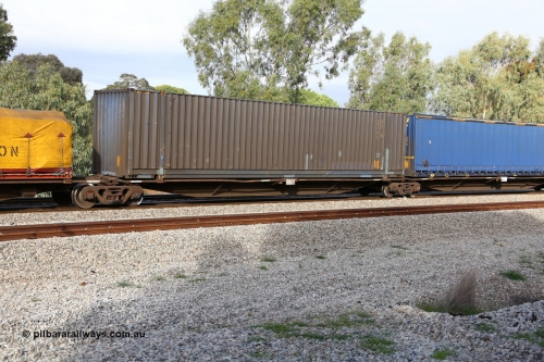 160609 0428
Woodbridge, 5PM5 intermodal train, RRAY 7256 platform 3 of 5-pack articulated skel waggon set, one of 100 built by ABB Engineering NSW 1996-2000, with Pacific National 48' MFG1 type box PNXD 013.
Keywords: RRAY-type;RRAY7256;ABB-Engineering-NSW;