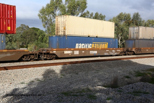 160609 0450
Woodbridge, 5PM5 intermodal train, platform 1 of 5-pack RRRY 7011 well waggon set, one of nineteen built in China at Zhuzhou Rolling Stock Works for Goninan in 2005, Pacific National 48' box PNXD 4208 and SCF 40' box AUCU 412435 on top.
Keywords: RRRY-type;RRRY7011;CSR-Zhuzhou-Rolling-Stock-Works-China;