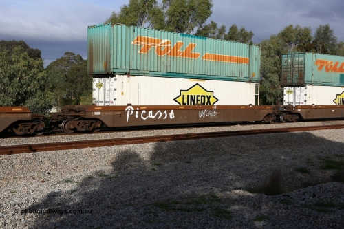 160609 0452
Woodbridge, 5PM5 intermodal train, platform 3 of 5-pack RRRY 7011 well waggon set, one of nineteen built in China at Zhuzhou Rolling Stock Works for Goninan in 2005, 46' 6