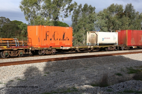 160609 0456
Woodbridge, 5PM5 intermodal train, RQGY 34425 container waggon built by Tulloch Ltd NSW in 1974/75 as type OCY, then NQOY. FCL 20' orange box FCBU 963215 and an Air Liquide 20' tanktainer IS 16-8.
Keywords: RQGY-type;RQGY34425;Tulloch-Ltd-NSW;OCY-type;NQOY-type;