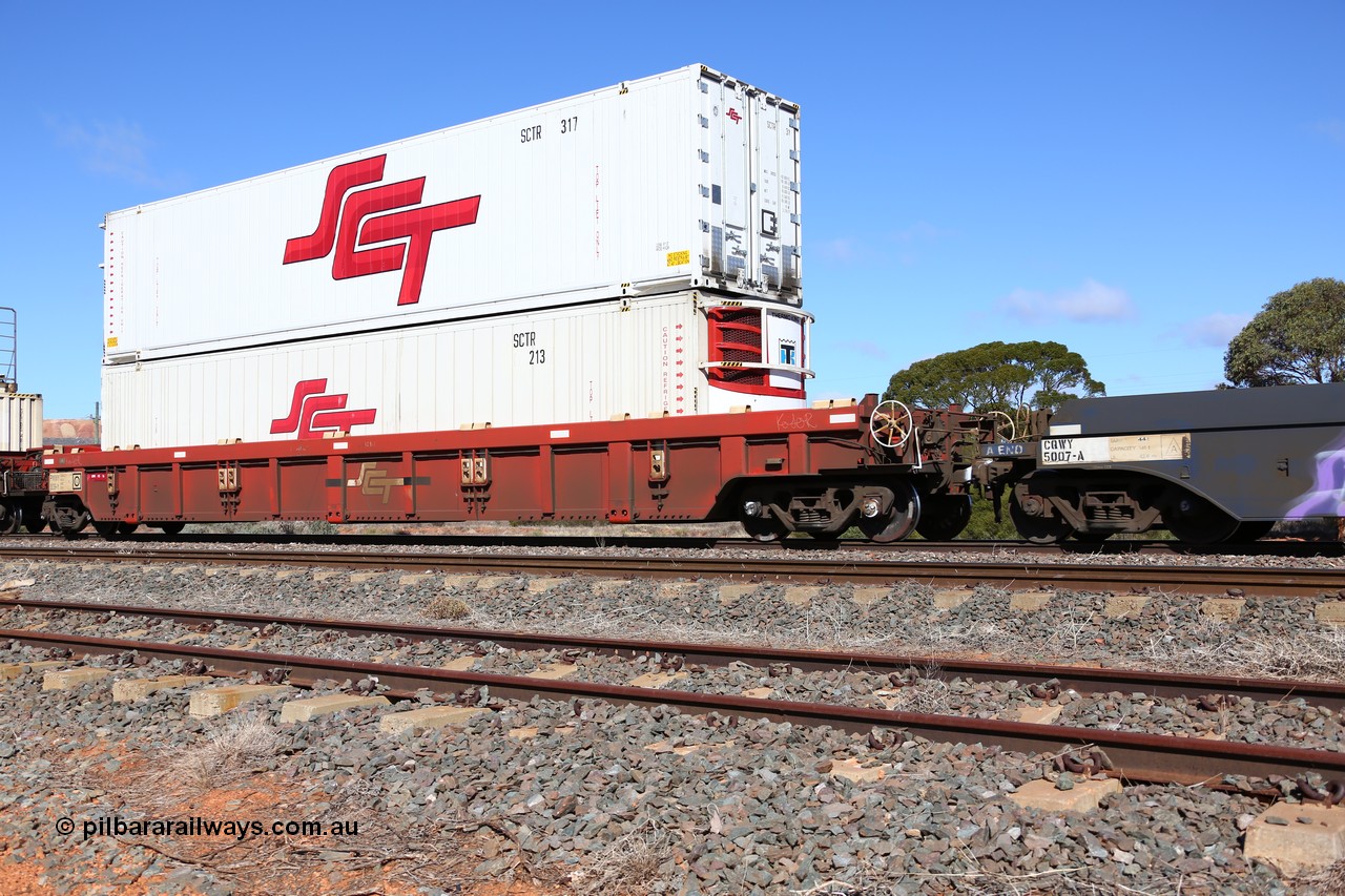 160522 2203
Parkeston, SCT train 6MP9 operating from Melbourne to Perth, PWWY type PWWY 0039 one of forty well waggons built by Bradken NSW for SCT, loaded with two 48' SCT reefer units SCTR 213 and SCTR 317.
Keywords: PWWY-type;PWWY0039;Bradken-NSW;