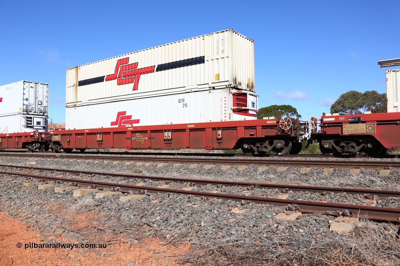 160522 2205
Parkeston, SCT train 6MP9 operating from Melbourne to Perth, PWWY type PWWY 0010 one of forty well waggons built by Bradken NSW for SCT, loaded with a 48' SCT reefer SCTR 215 and a 48' MFG1 unit SCTDS 4852.
Keywords: PWWY-type;PWWY0010;Bradken-NSW;