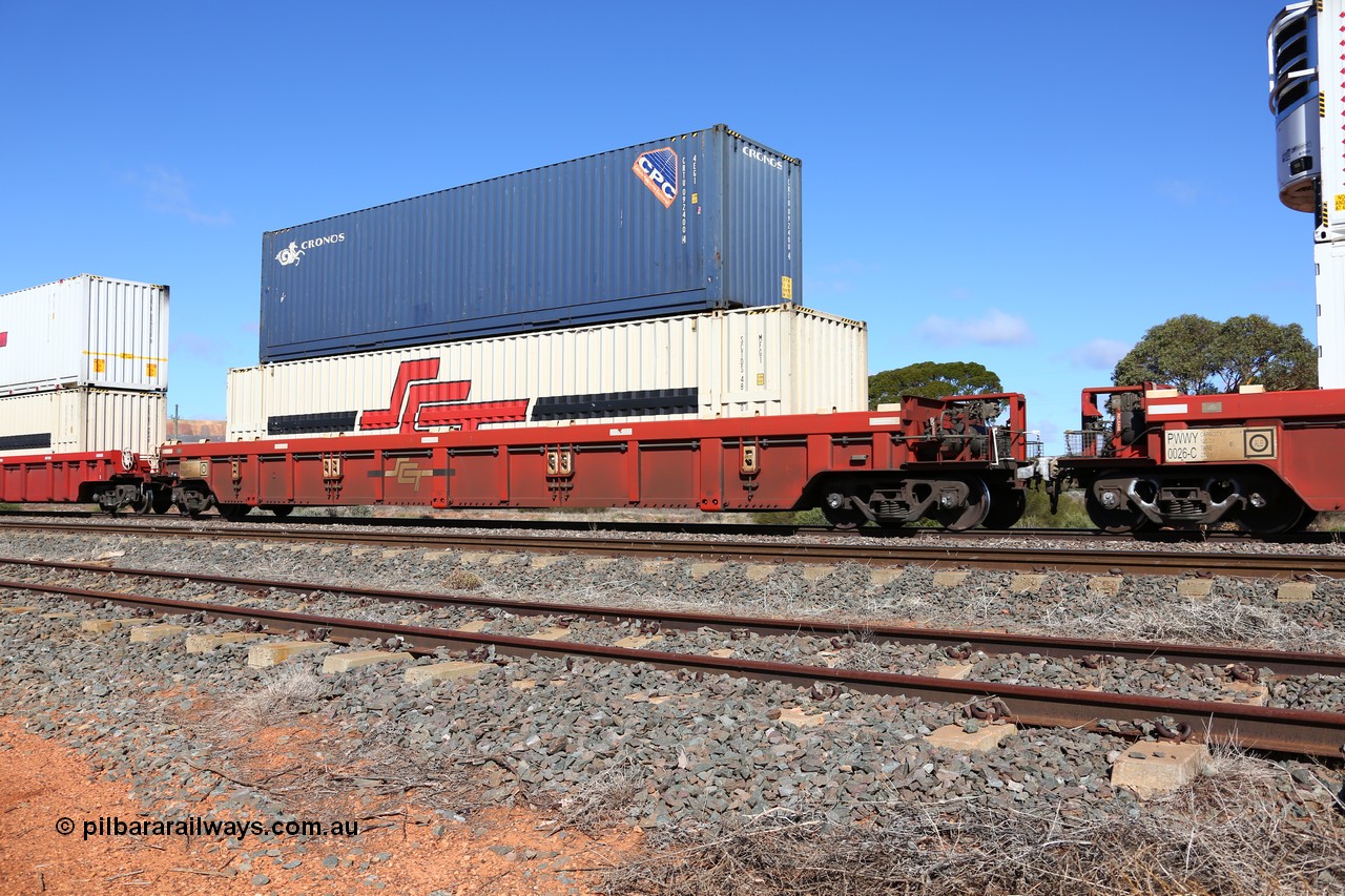 160522 2207
Parkeston, SCT train 6MP9 operating from Melbourne to Perth, PWWY type PWWY 0034 one of forty well waggons built by Bradken NSW for SCT, loaded with a 48' MFG1 SCT unit SCTDS 4802 and a 40' 4EG1 Cronos unit CRTU 092400.
Keywords: PWWY-type;PWWY0034;Bradken-NSW;