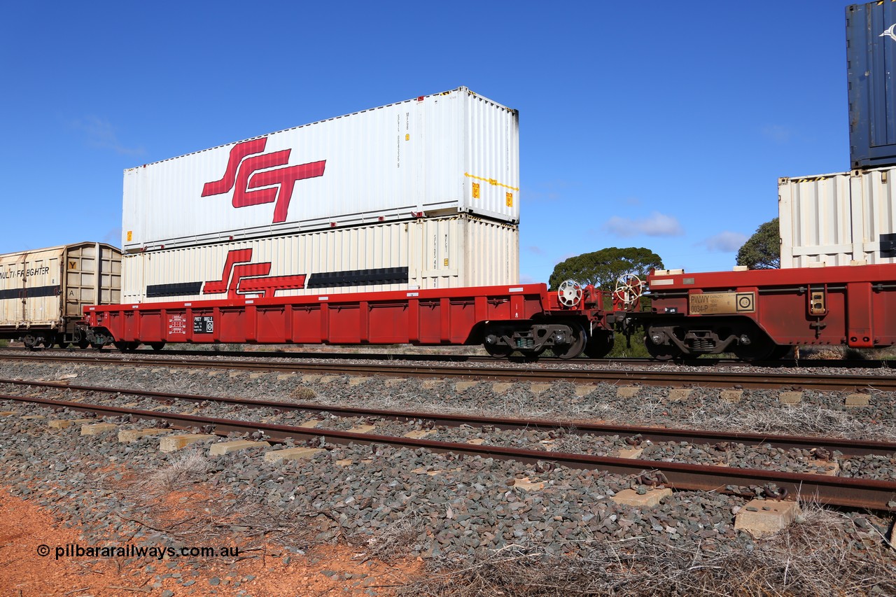 160522 2208
Parkeston, SCT train 6MP9 operating from Melbourne to Perth, PWXY type PWXY 0002 one of twelve well waggons built by CSR Meishan Rolling Stock Co of China for SCT in 2008, loaded with a 48' MFG1 SCT unit SCTDS 4848 and a 48' MFGB unit SCTL 004335.
Keywords: PWXY-type;PWXY0002;CSR-Meishan-China;