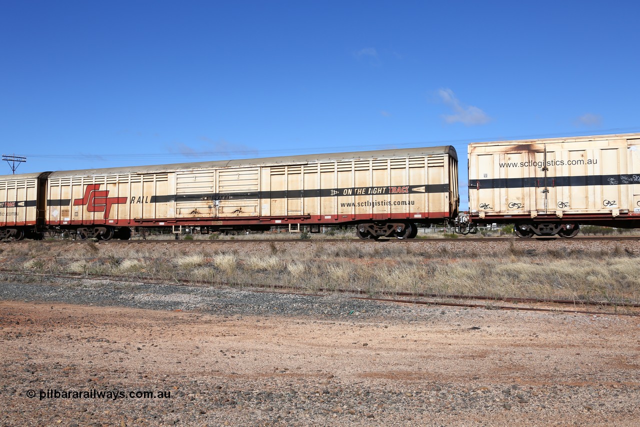 160522 2237
Parkeston, SCT train 6MP9 operating from Melbourne to Perth, ABSY type ABSY 2490 covered van, originally built by Mechanical Handling Ltd SA in 1972 for Commonwealth Railways as VFX type recoded to ABFX and then RBFX before being converted by Gemco WA to ABSY type in 2004/05.
Keywords: ABSY-type;ABSY2490;Mechanical-Handling-Ltd-SA;VFX-type;ABFY-type;