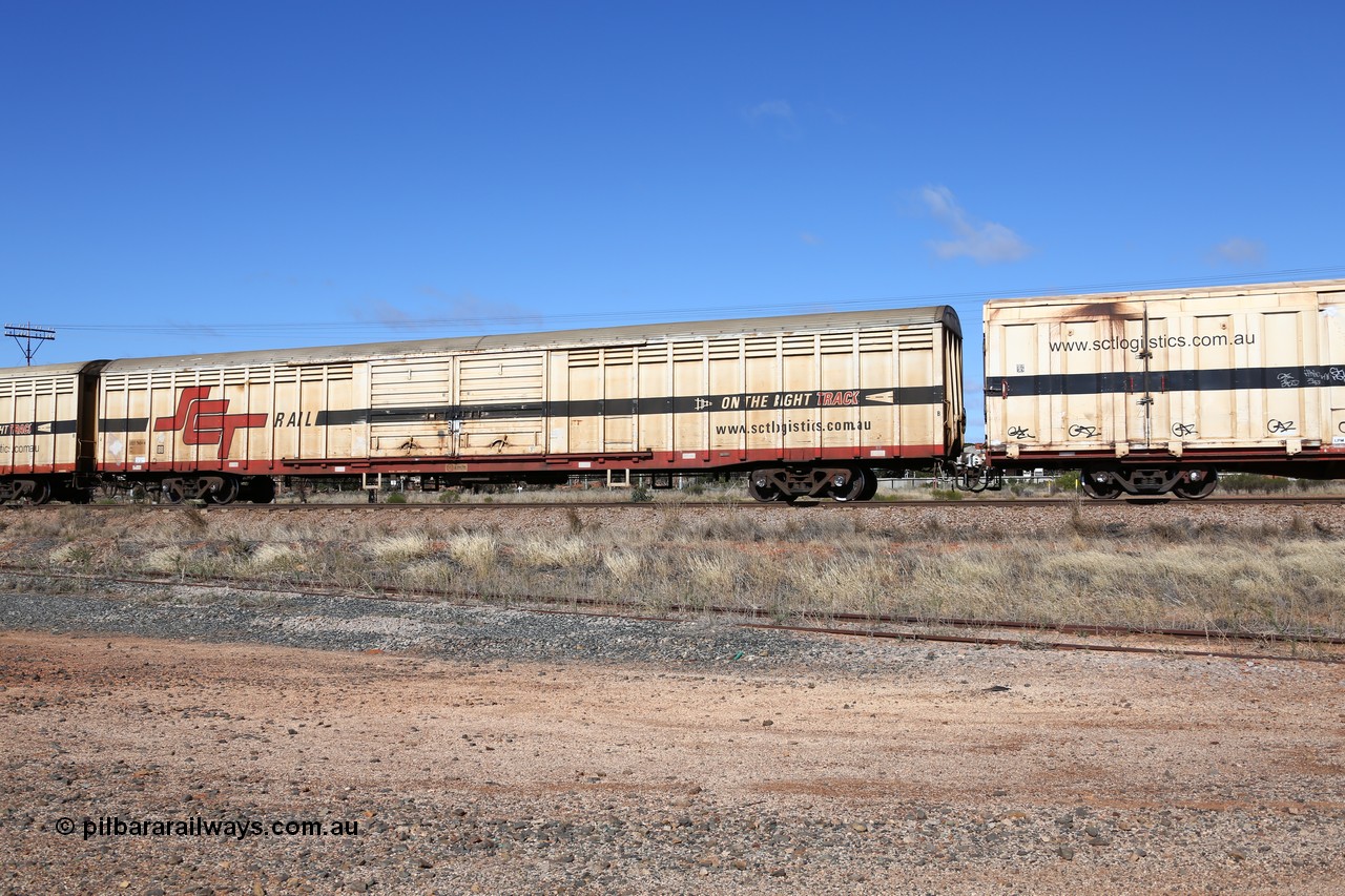 160522 2237
Parkeston, SCT train 6MP9 operating from Melbourne to Perth, ABSY type ABSY 2490 covered van, originally built by Mechanical Handling Ltd SA in 1972 for Commonwealth Railways as VFX type recoded to ABFX and then RBFX before being converted by Gemco WA to ABSY type in 2004/05.
Keywords: ABSY-type;ABSY2490;Mechanical-Handling-Ltd-SA;VFX-type;ABFY-type;