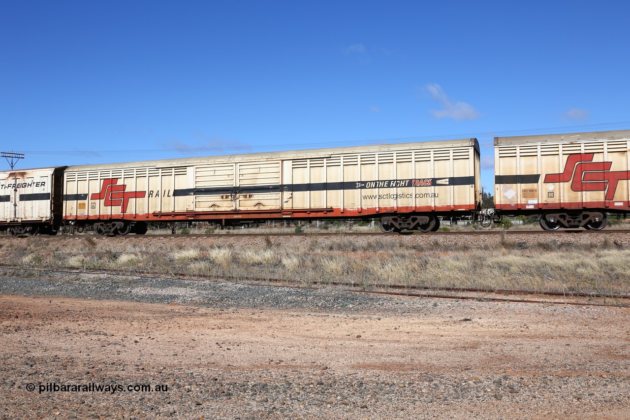 160522 2238
Parkeston, SCT train 6MP9 operating from Melbourne to Perth, ABSY type ABSY 3089 covered van, originally built by Comeng WA in 1977 for Commonwealth Railways as VFX type, recoded to ABFX and ABFY before conversion by Gemco WA to ABSY.
Keywords: ABSY-type;ABSY3089;Comeng-WA;VFX-type;ABFY-type;