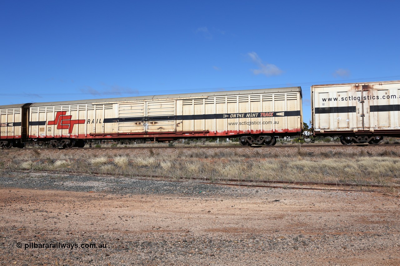 160522 2240
Parkeston, SCT train 6MP9 operating from Melbourne to Perth, ABSY type ABSY 3105 covered van, originally built by Comeng WA in 1977 for Commonwealth Railways as VFX type, recoded to ABFX and RBFX to SCT as ABFY before conversion by Gemco WA to ABSY in 2004/05.
Keywords: ABSY-type;ABSY3105;Comeng-WA;VFX-type;ABFY-type;