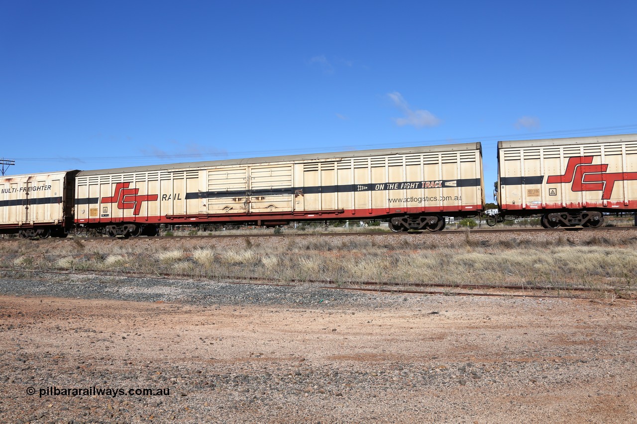 160522 2241
Parkeston, SCT train 6MP9 operating from Melbourne to Perth, ABSY type ABSY 2454 covered van, originally built by Mechanical Handling Ltd SA in 1971 for Commonwealth Railways as VFX type recoded to ABFX and then RBFX to SCT as ABFY before being converted by Gemco WA to ABSY type in 2004/05.
Keywords: ABSY-type;ABSY2454;Mechanical-Handling-Ltd-SA;VFX-type;ABFY-type;