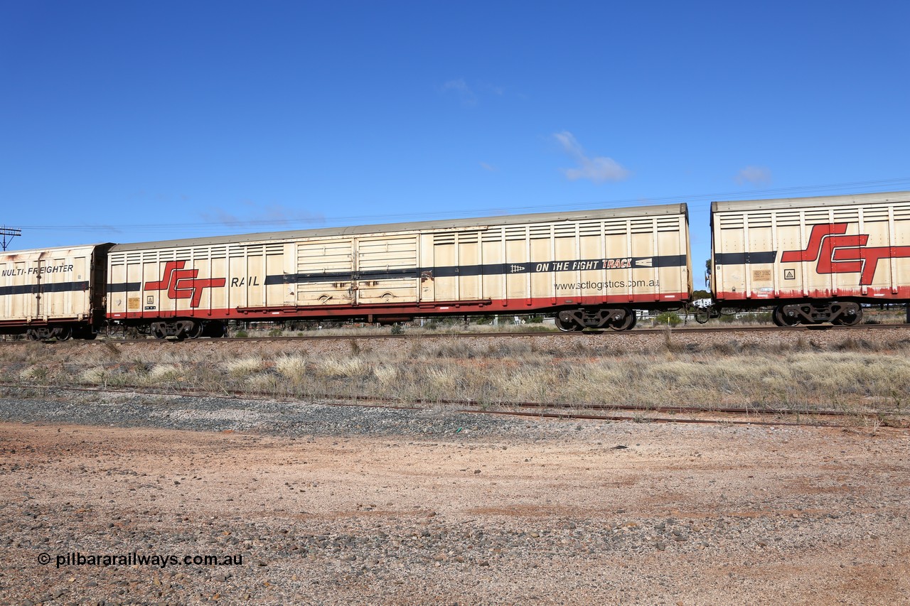 160522 2241
Parkeston, SCT train 6MP9 operating from Melbourne to Perth, ABSY type ABSY 2454 covered van, originally built by Mechanical Handling Ltd SA in 1971 for Commonwealth Railways as VFX type recoded to ABFX and then RBFX to SCT as ABFY before being converted by Gemco WA to ABSY type in 2004/05.
Keywords: ABSY-type;ABSY2454;Mechanical-Handling-Ltd-SA;VFX-type;ABFY-type;