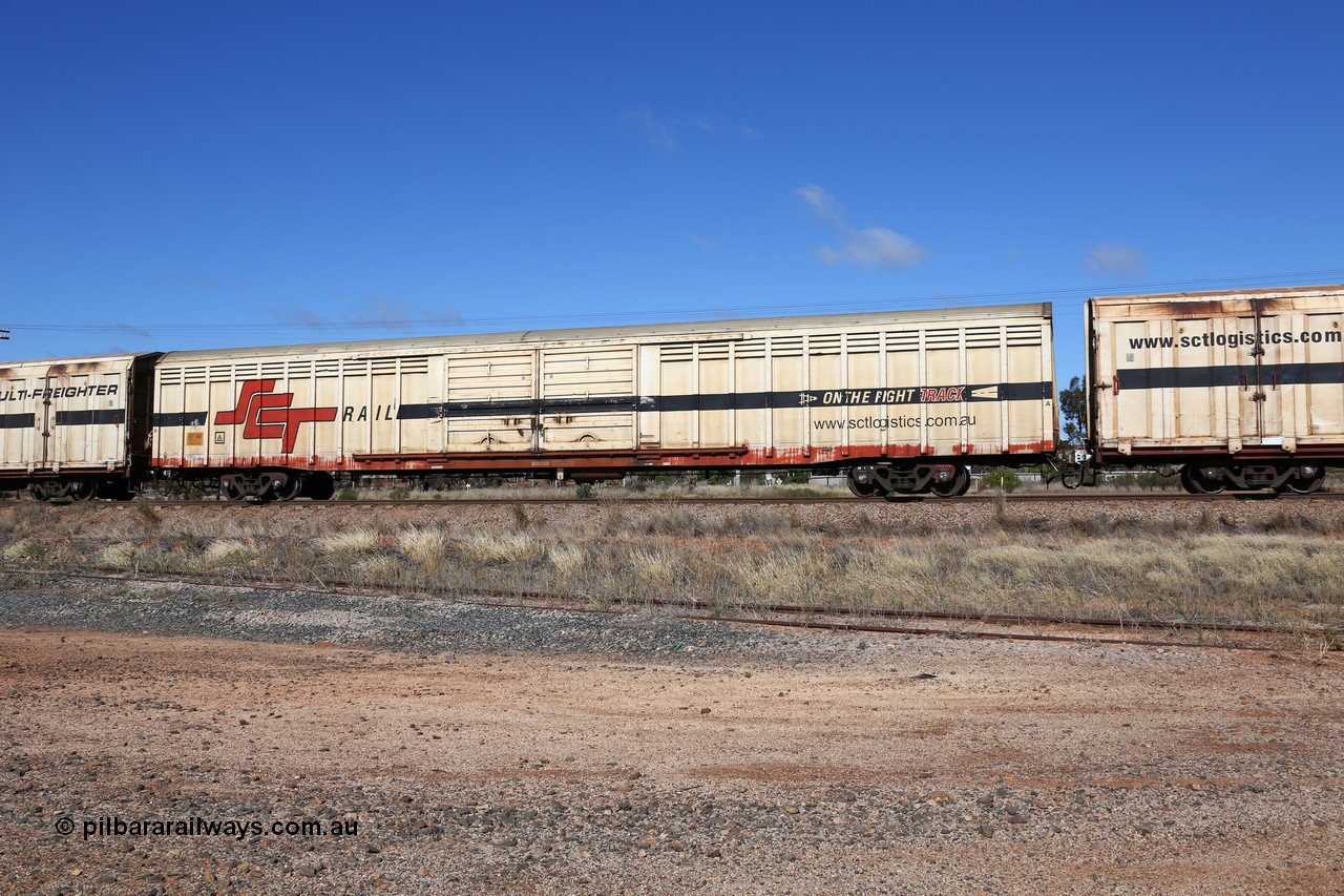 160522 2246
Parkeston, SCT train 6MP9 operating from Melbourne to Perth, ABSY type ABSY 2466 covered van, originally built by Mechanical Handling Ltd SA in 1971 for Commonwealth Railways as VFX type recoded to ABFX and then RBFX to SCT as ABFY before being converted by Gemco WA to ABSY type in 2004/05.
Keywords: ABSY-type;ABSY2466;Mechanical-Handling-Ltd-SA;VFX-type;ABFY-type;