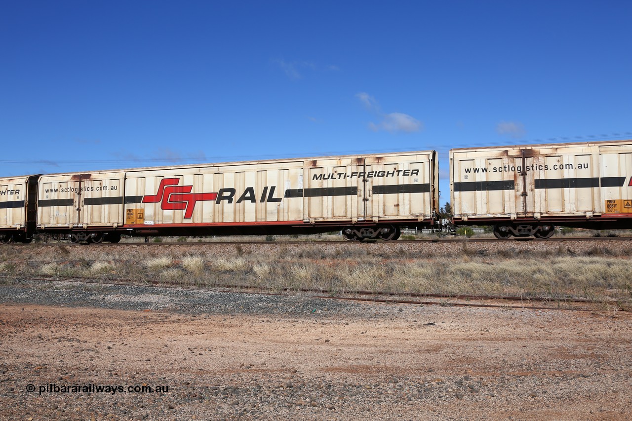 160522 2250
Parkeston, SCT train 6MP9 operating from Melbourne to Perth, PBGY type covered van PBGY 0006 Multi-Freighter, one of eighty two waggons built by Queensland Rail Redbank Workshops in 2005.
Keywords: PBGY-type;PBGY0006;Qld-Rail-Redbank-WS;