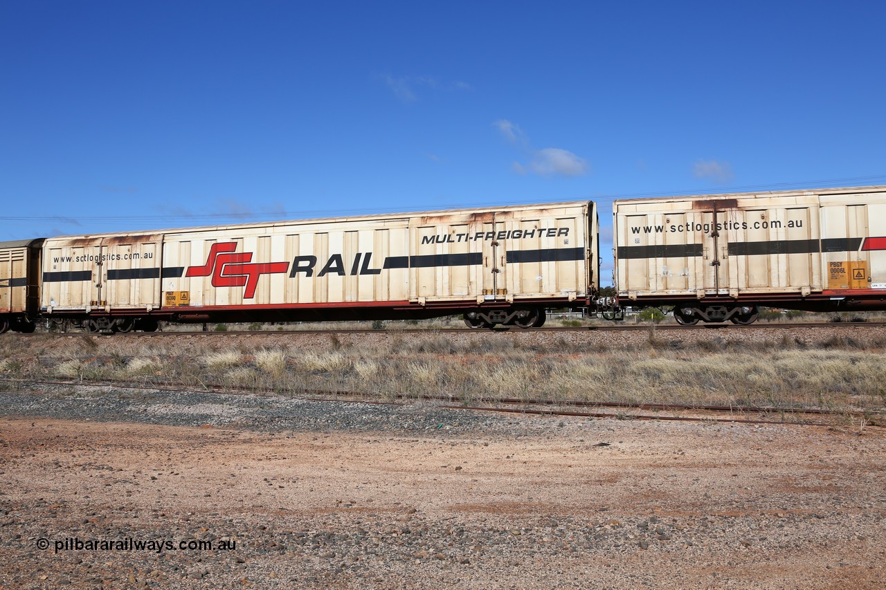 160522 2251
Parkeston, SCT train 6MP9 operating from Melbourne to Perth, PBGY type covered van PBGY 0039 Multi-Freighter, one of eighty two waggons built by Queensland Rail Redbank Workshops in 2005.
Keywords: PBGY-type;PBGY0039;Qld-Rail-Redbank-WS;