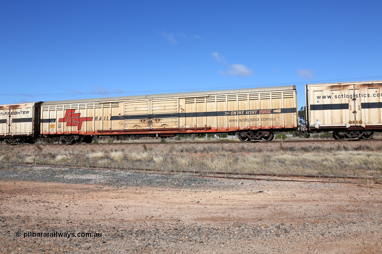 160522 2252
Parkeston, SCT train 6MP9 operating from Melbourne to Perth, ABSY type ABSY 2474 covered van, originally built by Mechanical Handling Ltd SA in 1972 for Commonwealth Railways as VFX type recoded to ABFX and then RBFX to SCT as ABFY before being converted by Gemco WA to ABSY type in 2004/05.
Keywords: ABSY-type;ABSY2474;Mechanical-Handling-Ltd-SA;VFX-type;ABFY-type;