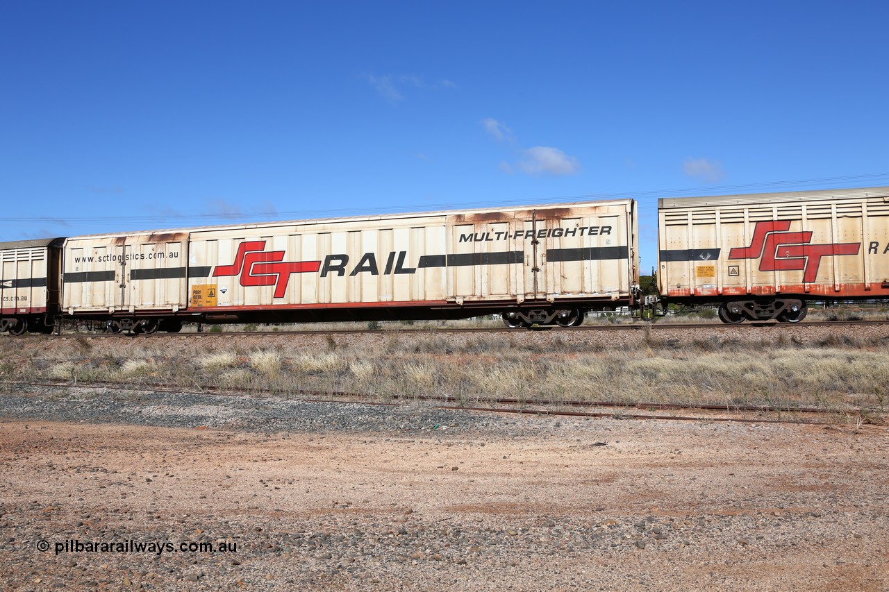 160522 2253
Parkeston, SCT train 6MP9 operating from Melbourne to Perth, PBGY type covered van PBGY 0010 Multi-Freighter, one of eighty two waggons built by Queensland Rail Redbank Workshops in 2005.
Keywords: PBGY-type;PBGY0010;Qld-Rail-Redbank-WS;