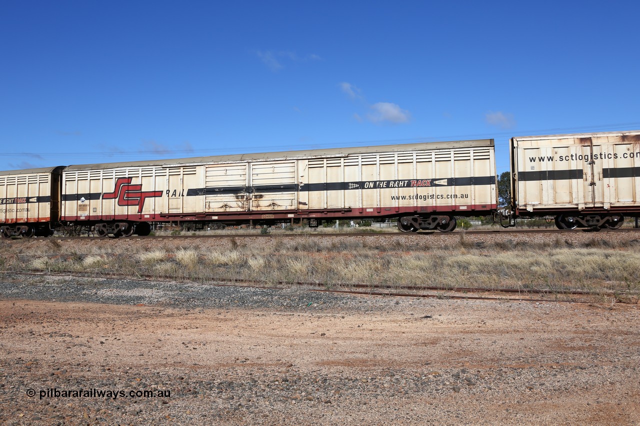 160522 2254
Parkeston, SCT train 6MP9 operating from Melbourne to Perth, ABSY type ABSY 2479 covered van, originally built by Mechanical Handling Ltd SA in 1972 for Commonwealth Railways as VFX type recoded to ABFX and then RBFX before being converted by Gemco WA to ABSY type in 2004/05.
Keywords: ABSY-type;ABSY2479;Mechanical-Handling-Ltd-SA;VFX-type;ABFY-type;