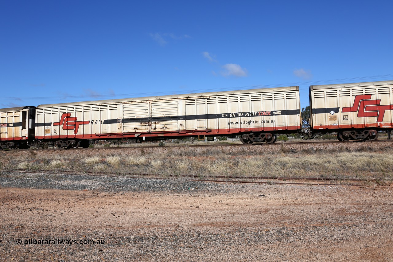 160522 2256
Parkeston, SCT train 6MP9 operating from Melbourne to Perth, ABSY type ABSY 2455 covered van, originally built by Mechanical Handling Ltd SA in 1971 for Commonwealth Railways as VFX type recoded to ABFX and then RBFX to SCT as ABFY before being converted by Gemco WA to ABSY type in 2004/05.
Keywords: ABSY-type;ABSY2455;Mechanical-Handling-Ltd-SA;VFX-type;ABFX-type;RBFY-type;ABFY-type;