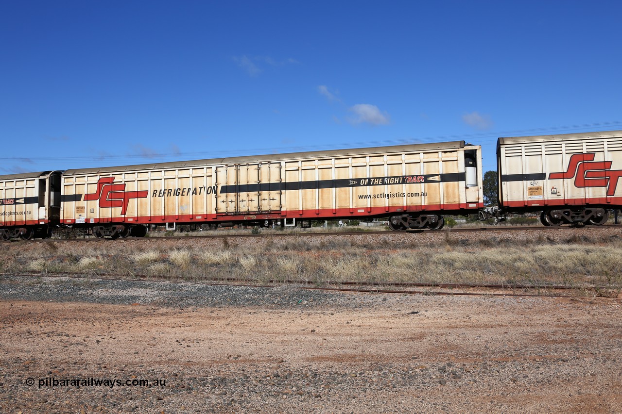 160522 2257
Parkeston, SCT train 6MP9 operating from Melbourne to Perth, ARBY type ARBY 2682 refrigerated van, originally built by Comeng NSW in 1973 as a VFX type covered van for Commonwealth Railways, recoded to ABFX, RBFX and finally converted from ABFY by Gemco WA in 2004/05 to ARBY.
Keywords: ABSY-type;ABSY2682;Comeng-NSW;VFX-type;ABFY-type;