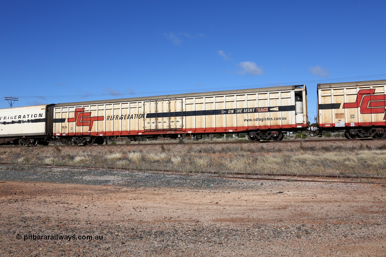 160522 2258
Parkeston, SCT train 6MP9 operating from Melbourne to Perth, ARBY type ARBY 2833 refrigerated van, originally built by Carmor Engineering SA in 1976 as a VFX type covered van for Commonwealth Railways, recoded to ABFX, ABFY, RBFX and finally converted from ABFY by Gemco WA in 2004/05 to ARBY.
Keywords: ABSY-type;ABSY2833;Carmor-Engineering-SA;VFX-type;ABFY-type;