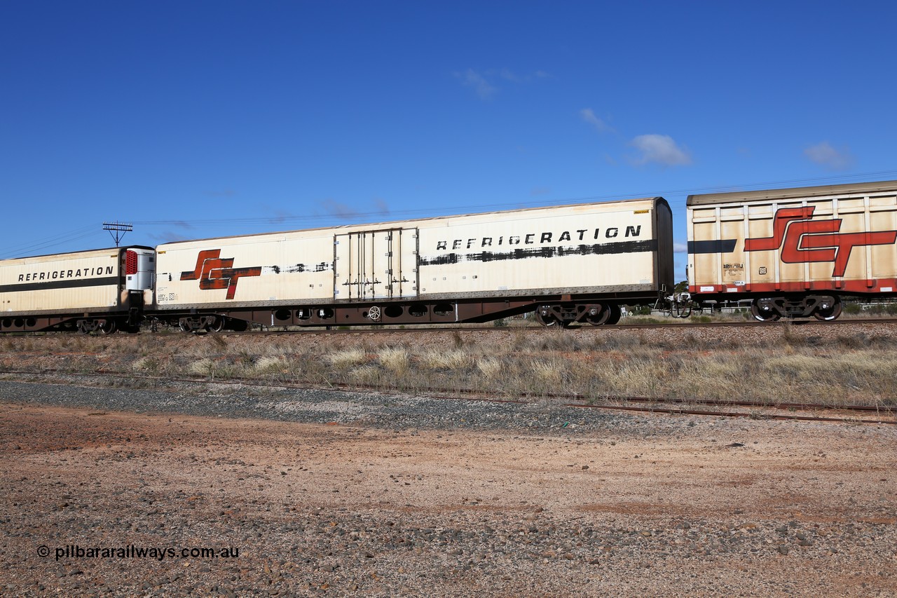 160522 2259
Parkeston, SCT train 6MP9 operating from Melbourne to Perth, ARFY type ARFY 2228 refrigerated van with a Ballarat built Maxi-CUBE body mounted on an original Commonwealth Railways ROX container waggon built by Comeng Victoria in 1970, recoded to AFQX, AQOY and RQOY before having the Maxi-CUBE refrigerated body added circa 1998 for SCT service.
Keywords: ARFY-type;ARFY2228;Maxi-Cube;Comeng-Vic;ROX-type;AQOX-type;