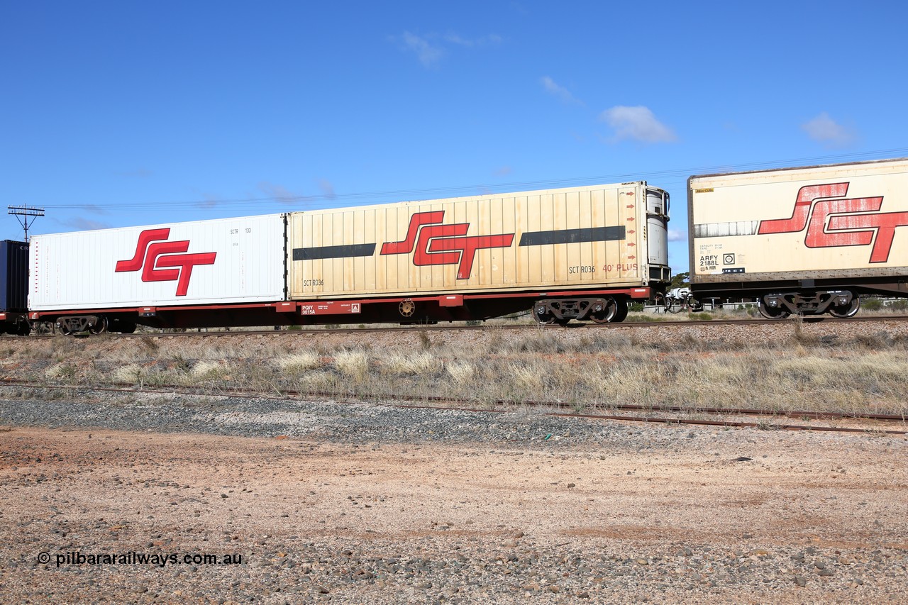 160522 2263
Parkeston, SCT train 6MP9 operating from Melbourne to Perth, PQIY type 80' container flat PQIY 0015, one of forty units built by Gemco WA loaded with two SCT 40' reefers SCTR 036 and SCTR 133 showing the original and newer paint schemes.
Keywords: PQIY-type;PQIY0015;Gemco-WA;