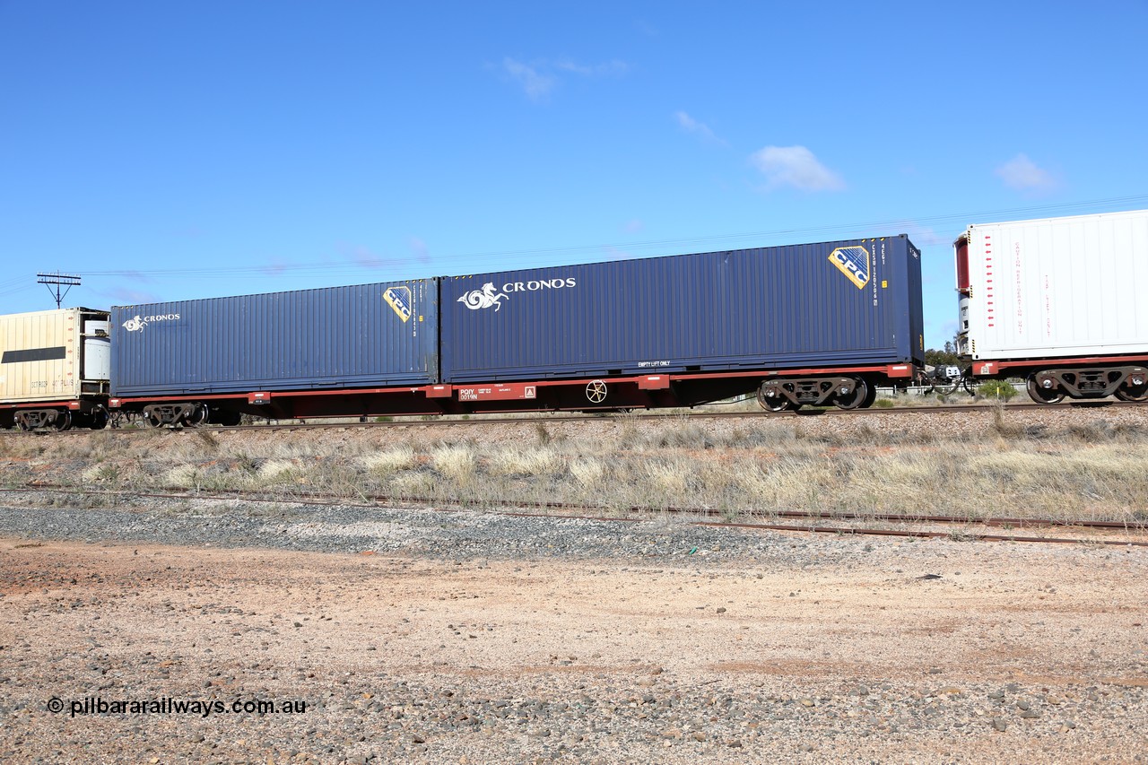 160522 2264
Parkeston, SCT train 6MP9 operating from Melbourne to Perth, PQIY type 80' container flat PQIY 0019, one of forty units built by Gemco WA loaded with two 40' Cronos 4EG1 boxes CSXU 120506 and CXSU 105843.
Keywords: PQIY-type;PQIY0019;Gemco-WA;