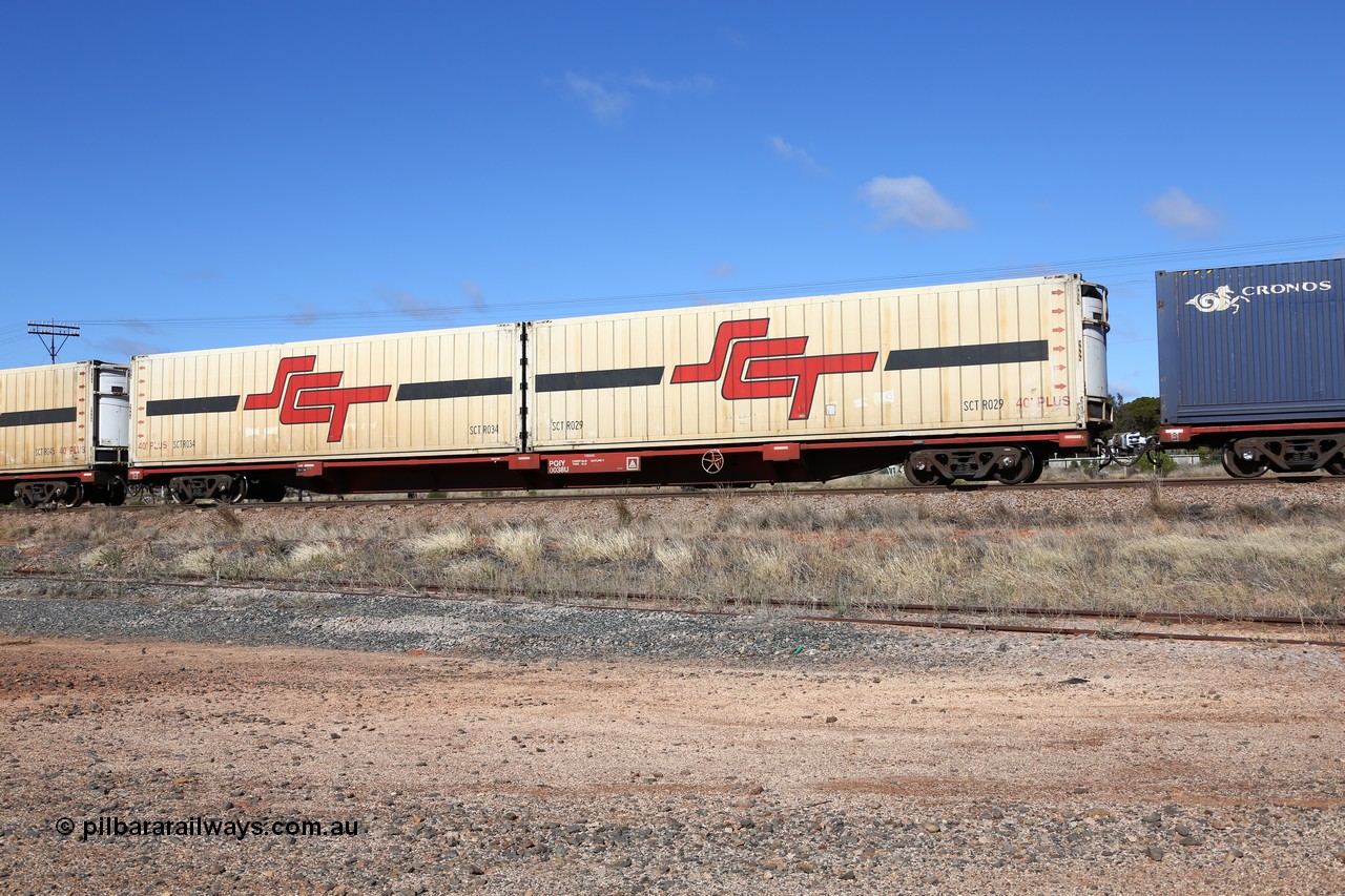 160522 2265
Parkeston, SCT train 6MP9 operating from Melbourne to Perth, PQIY type 80' container flat PQIY 0038, one of forty units built by Gemco WA loaded with two SCT 40' reefers SCTR 029 and SCTR 034.
Keywords: PQIY-type;PQIY0038;Gemco-WA;