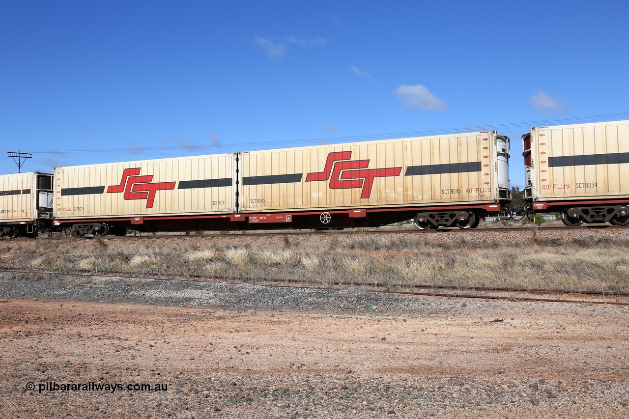 160522 2266
Parkeston, SCT train 6MP9 operating from Melbourne to Perth, PQIY type 80' container flat PQIY 0030, one of forty units built by Gemco WA loaded with two SCT 40' reefers SCTR 045 and SCTR 031.
Keywords: PQIY-type;PQIY0030;Gemco-WA;