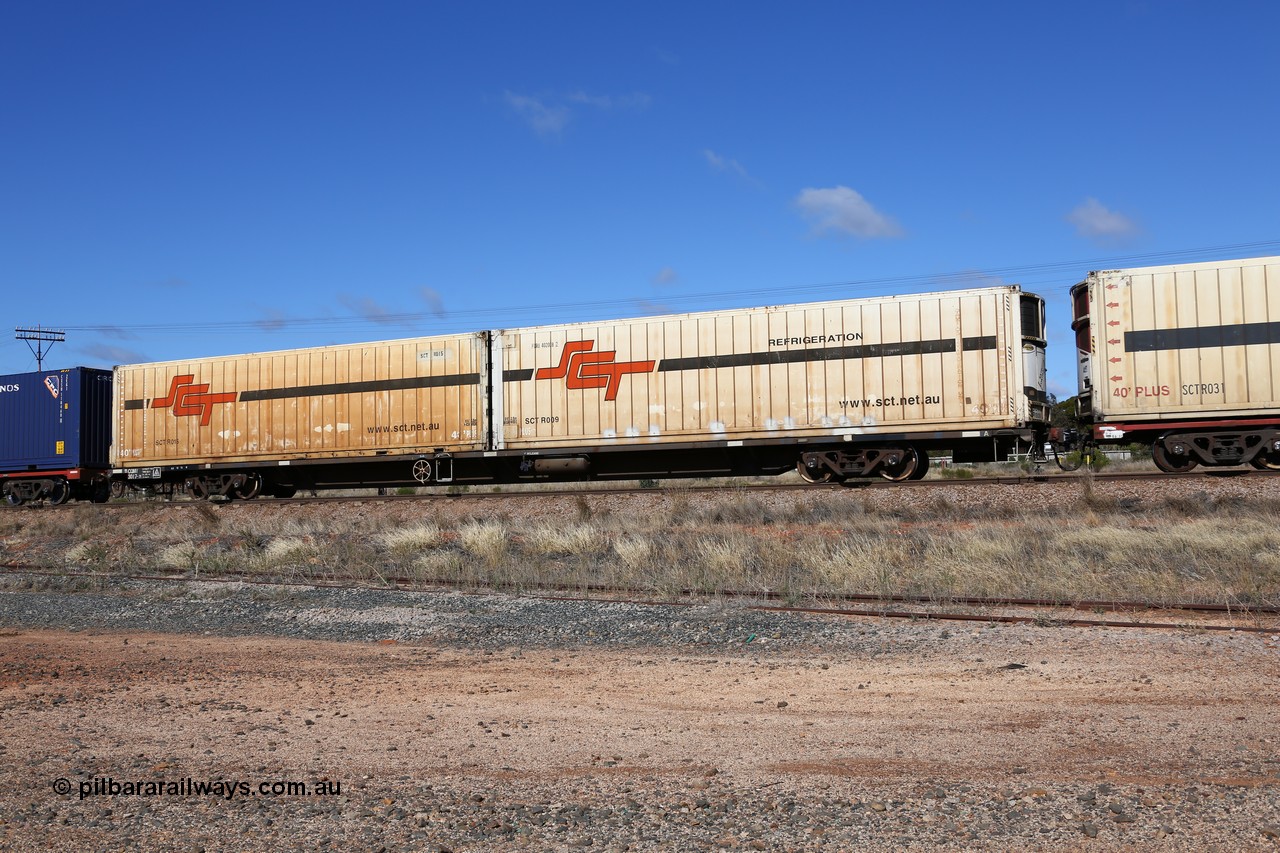 160522 2267
Parkeston, SCT train 6MP9 operating from Melbourne to Perth, CQMY type 80' container flat CQMY 3017, a CFCLA lease waggon built by Bluebird Rail Operations in a group of one hundred loaded with two original liveried SCT 40' reefers SCTR 009 originally FORU 402008 and SCTR 014.
Keywords: CQMY-type;CQMY3017;Bluebird-Rail-Operations-SA;