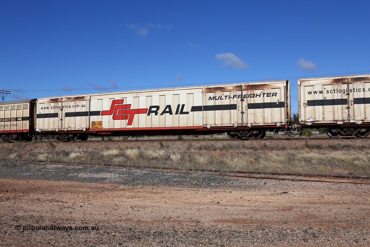 160522 2271
Parkeston, SCT train 6MP9 operating from Melbourne to Perth, PBGY type covered van PBGY 0074 Multi-Freighter, one of eighty two waggons built by Queensland Rail Redbank Workshops in 2005.
Keywords: PBGY-type;PBGY0074;Qld-Rail-Redbank-WS;