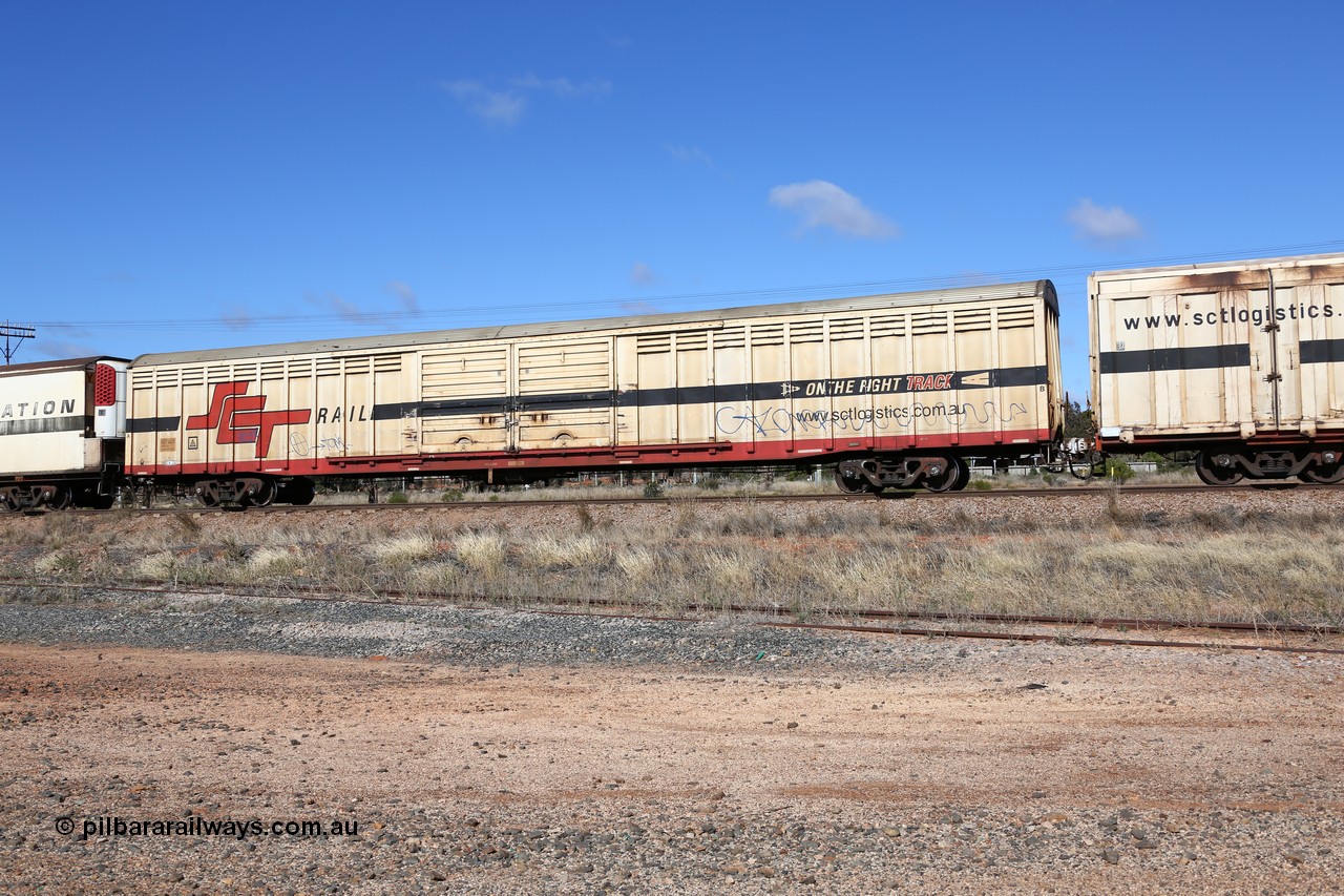 160522 2272
Parkeston, SCT train 6MP9 operating from Melbourne to Perth, ABSY type ABSY 4447 covered van, originally built by Comeng WA in 1977 for Commonwealth Railways as VFX type, recoded to ABFX and RBFX to SCT as ABFY before conversion by Gemco WA to ABSY in 2004/05.
Keywords: ABSY-type;ABSY4447;Comeng-WA;VFX-type;ABFX-type;ABFY-type;