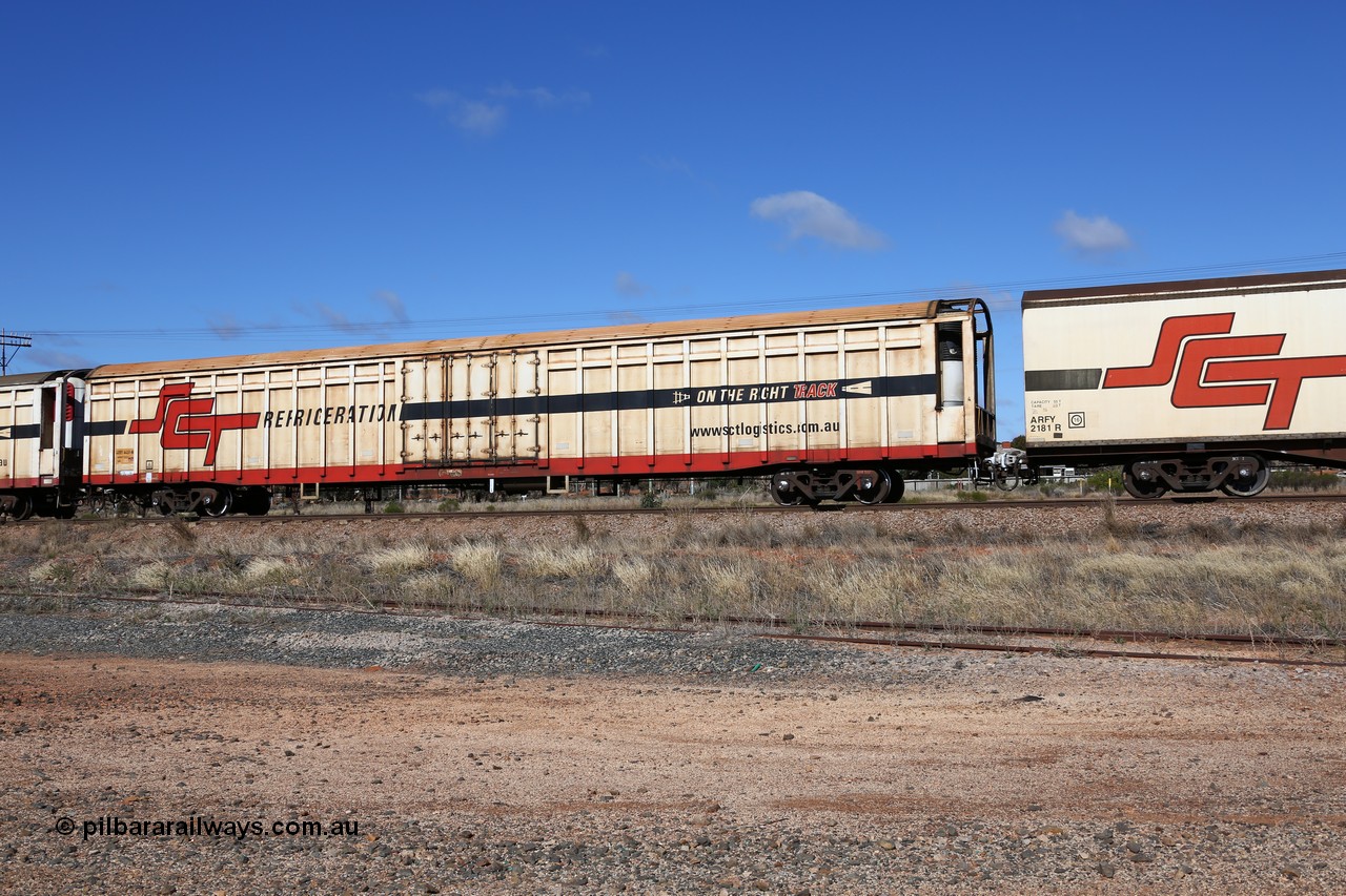 160522 2274
Parkeston, SCT train 6MP9 operating from Melbourne to Perth, ARBY type ARBY 4430 refrigerated van, originally built by Comeng WA in 1977 as a VFX type covered van for Commonwealth Railways, recoded to ABFX and converted from ABFY by Gemco WA in 2004/05 to ARBY.
Keywords: ARBY-type;ARBY4430;Comeng-WA;VFX-type;