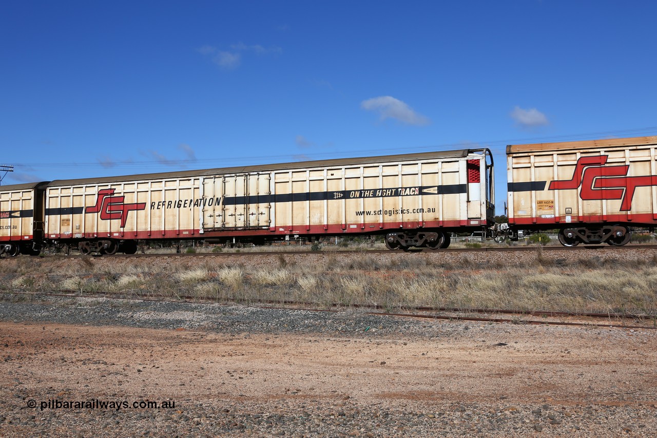 160522 2275
Parkeston, SCT train 6MP9 operating from Melbourne to Perth, ARBY type ARBY 3094 refrigerated van, originally built by Comeng WA in 1977 as a VFX type covered van for Commonwealth Railways, recoded to ABFX, RBFX and finally converted from ABFY by Gemco WA in 2004/05 to ARBY.
Keywords: ARBY-type;ARBY3094;Comeng-WA;VFX-type;