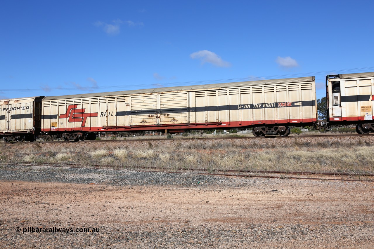 160522 2277
Parkeston, SCT train 6MP9 operating from Melbourne to Perth, ABSY type ABSY 2489 covered van, originally built by Mechanical Handling Ltd SA in 1972 for Commonwealth Railways as VFX type recoded to ABFX and then RBFX to SCT as ABFY before being converted by Gemco WA to ABSY type in 2004/05.
Keywords: ABSY-type;ABSY2489;Mechanical-Handling-Ltd-SA;VFX-type;