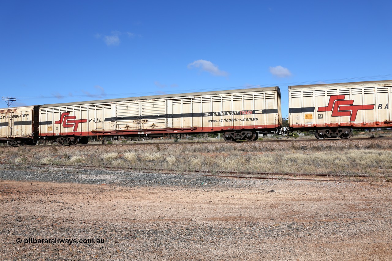 160522 2281
Parkeston, SCT train 6MP9 operating from Melbourne to Perth, ABSY type ABSY 2662 covered van, originally built by Comeng NSW in 1973 for Commonwealth Railways as VFX type, recoded to ABFX and RBFX to SCT as ABFY before conversion by Gemco WA to ABSY in 2004/05.
Keywords: ABSY-type;ABSY2662;Comeng-NSW;VFX-type;