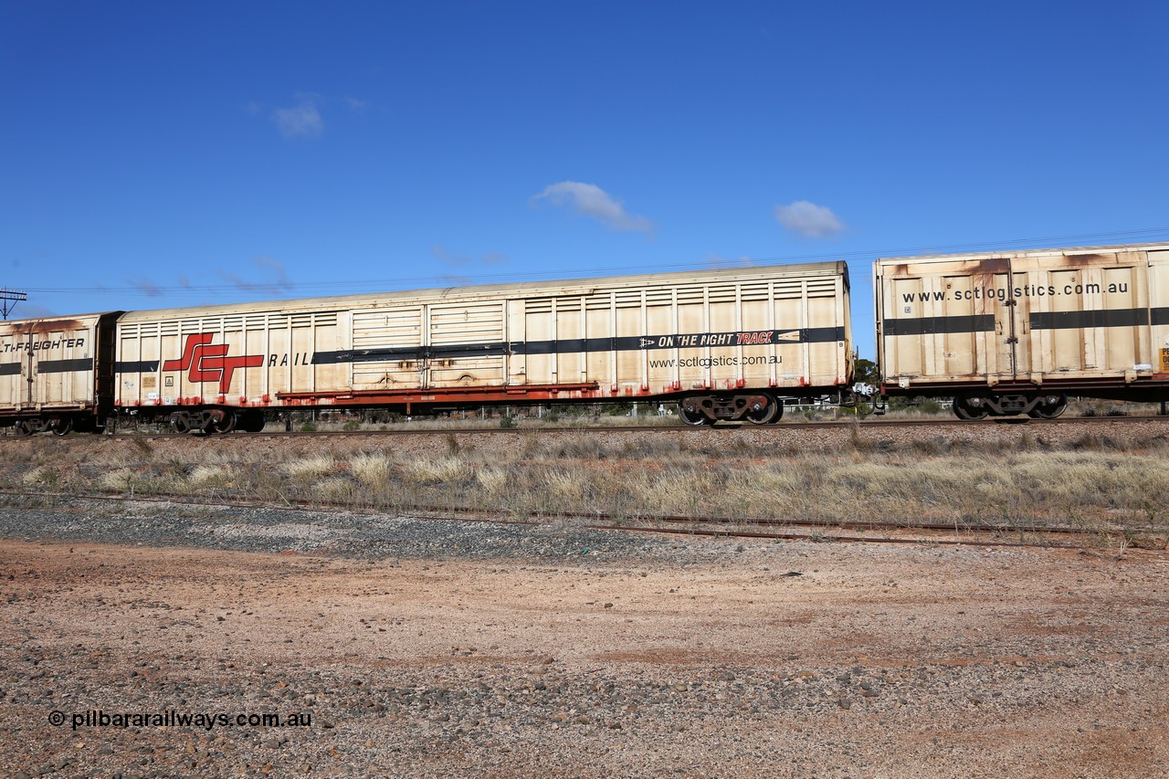 160522 2283
Parkeston, SCT train 6MP9 operating from Melbourne to Perth, ABSY type ABSY 4419 covered van, originally built by Comeng WA in 1977 for Commonwealth Railways as VFX type, recoded to ABFX and RBFX to SCT as ABFY before conversion by Gemco WA to ABSY in 2004/05.
Keywords: ABSY-type;ABSY4419;Comeng-WA;VFX-type;ABFX-type;RBFX-type;ABFY-type;