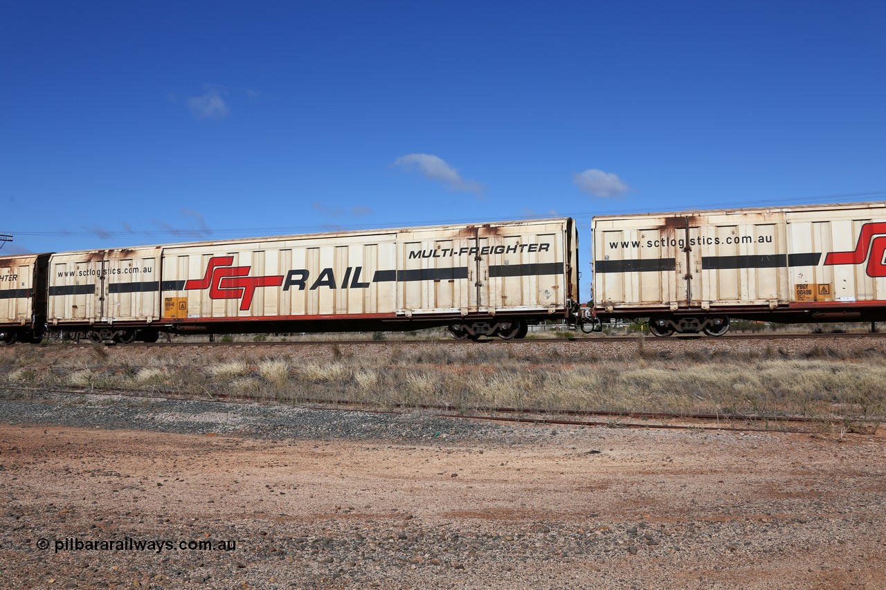 160522 2285
Parkeston, SCT train 6MP9 operating from Melbourne to Perth, PBGY type covered van PBGY 0004 Multi-Freighter, one of eighty two waggons built by Queensland Rail Redbank Workshops in 2005.
Keywords: PBGY-type;PBGY0004;Qld-Rail-Redbank-WS;