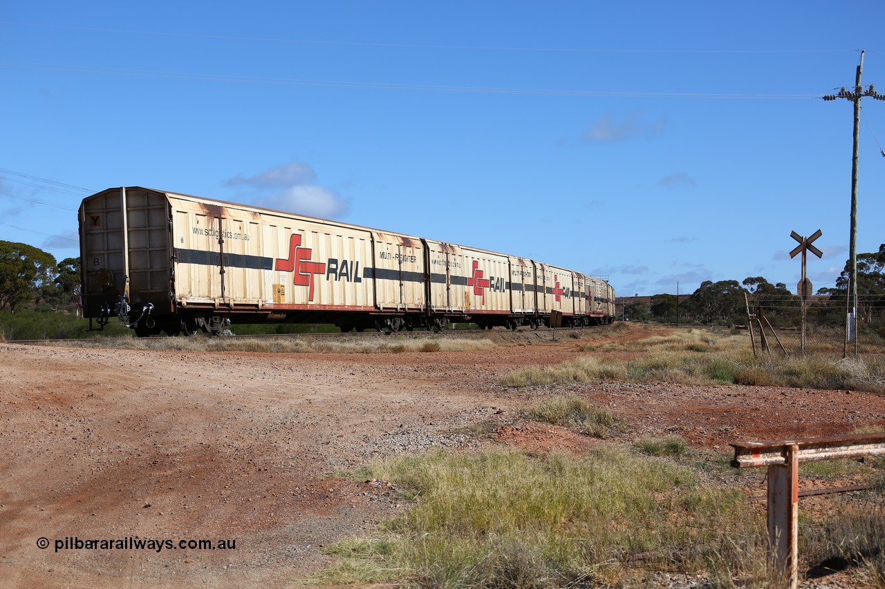 160522 2287
Parkeston, SCT train 6MP9 operating from Melbourne to Perth, PBGY type covered van PBGY 0157 Multi-Freighter, one of eighty units built by Gemco WA, view of the rear of train as it runs up the hill towards West Kalgoorlie.
Keywords: PBGY-type;PBGY0157;Gemco-WA;