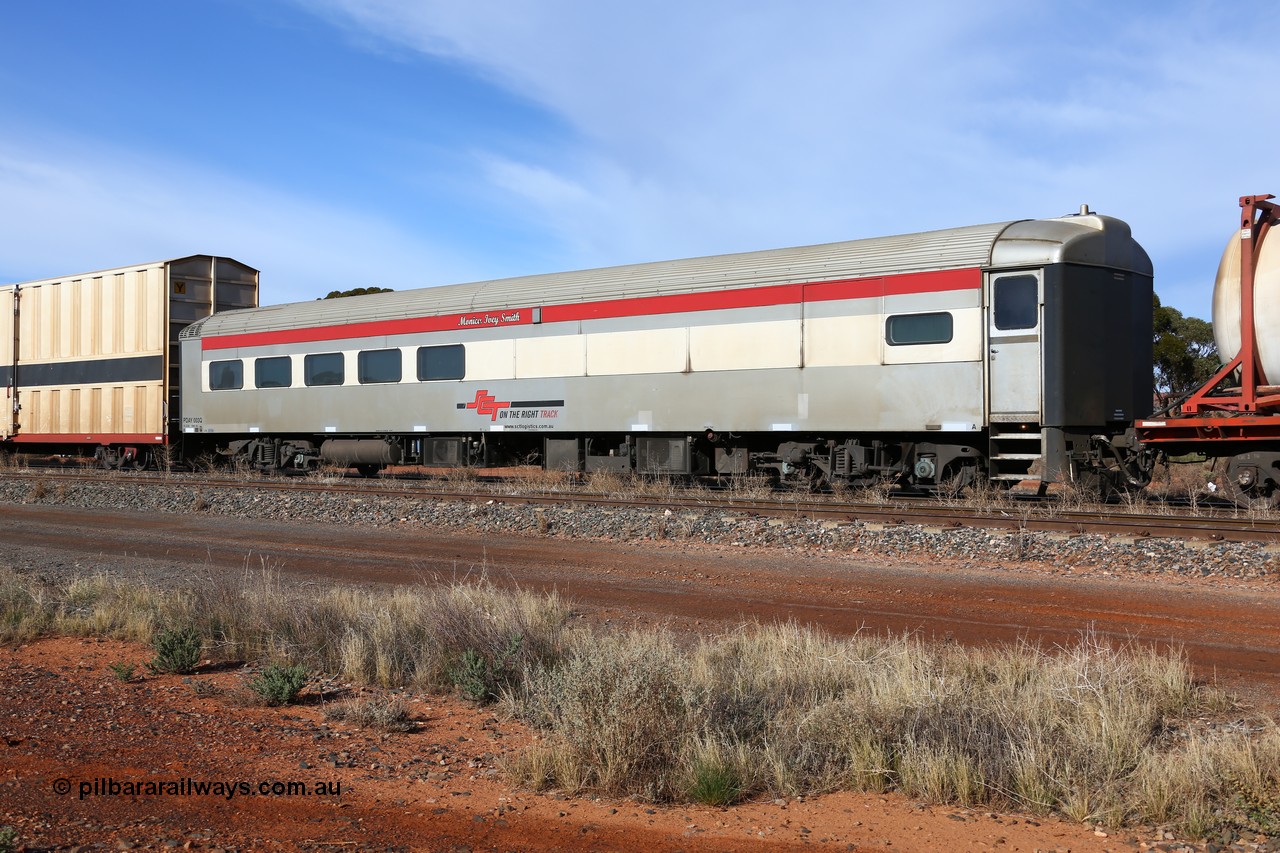 160523 2824
Parkeston, SCT train 7GP1 which operates from Parkes NSW (Goobang Junction) to Perth, SCT crew accommodation coach PDAY 003 'Monica Ivey Smith' converted from former Bluebird 250 class power car #258 'Goshawk' originally built by SAR Islington Workshops in 1957 and seated 56 second class passengers, converted to crew car in 2005.
Keywords: PDAY-type;PDAY003;SAR-Islington-WS;Bluebird;250-class;