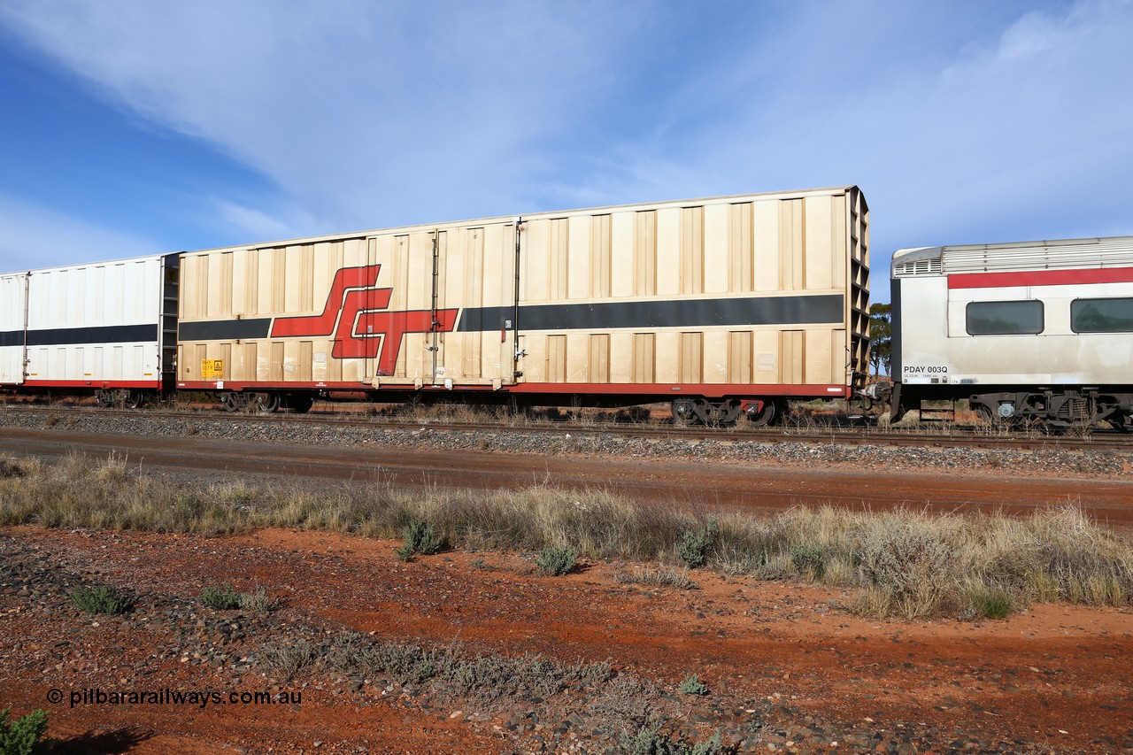 160523 2825
Parkeston, SCT train 7GP1 which operates from Parkes NSW (Goobang Junction) to Perth, PBHY type covered van PBHY 0057 Greater Freighter, one of a second batch of thirty units built by Gemco WA.
Keywords: PBHY-type;PBHY0057;Gemco-WA;