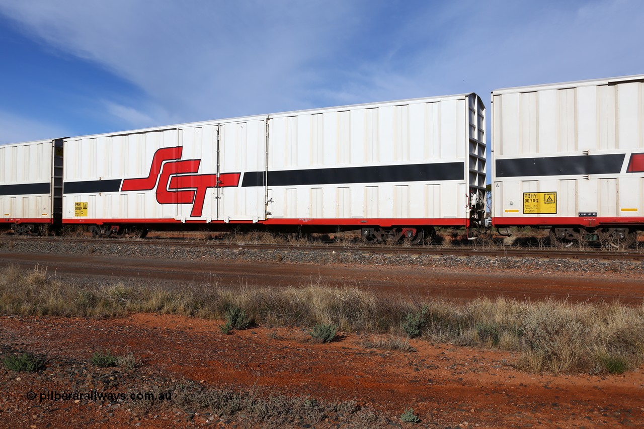 160523 2827
Parkeston, SCT train 7GP1 which operates from Parkes NSW (Goobang Junction) to Perth, PBHY type covered van PBHY 0036 Greater Freighter, first of a second batch of thirty units built by Gemco WA.
Keywords: PBHY-type;PBHY0036;Gemco-WA;